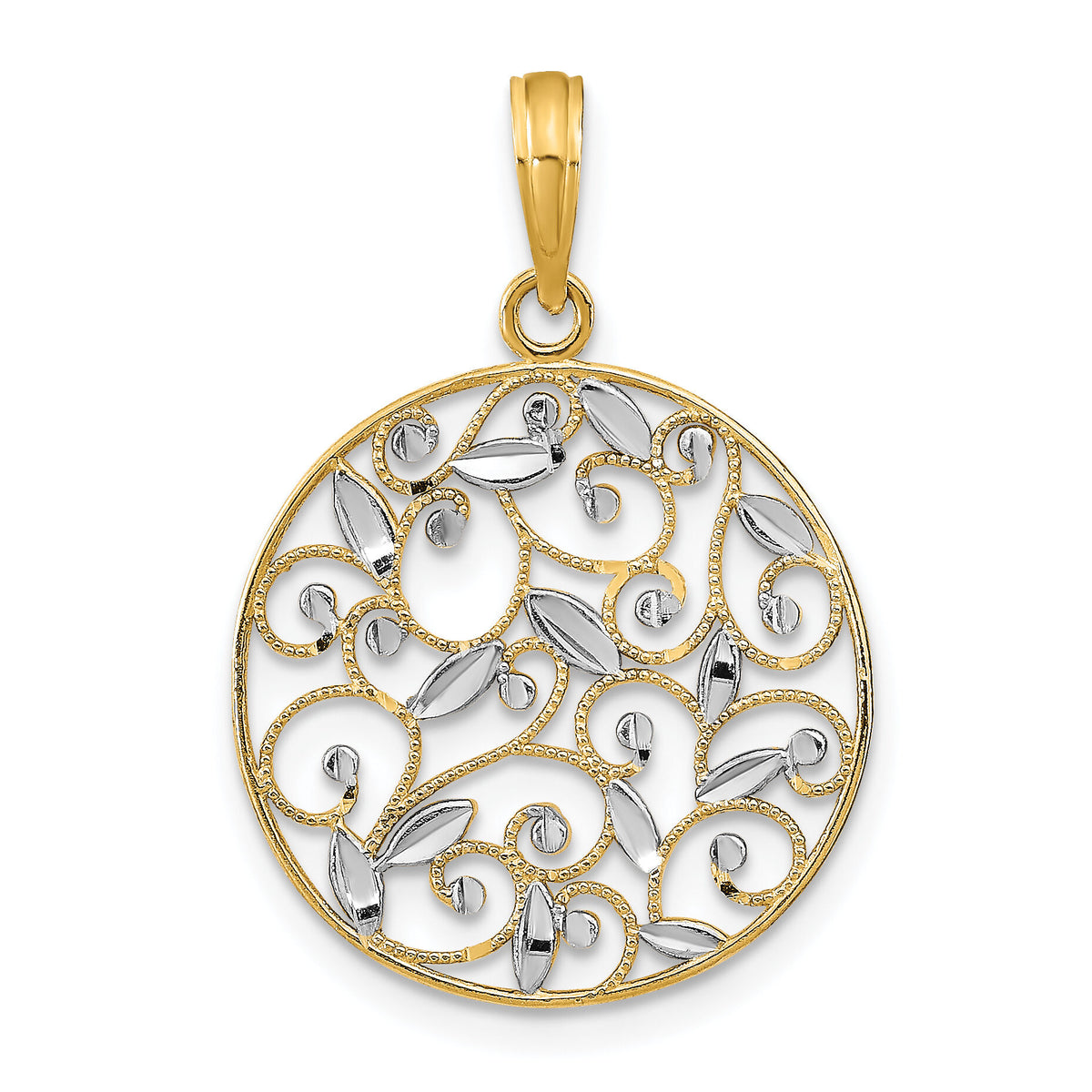 14K w/Rhodium D/C Filigree Round Charm-K9125