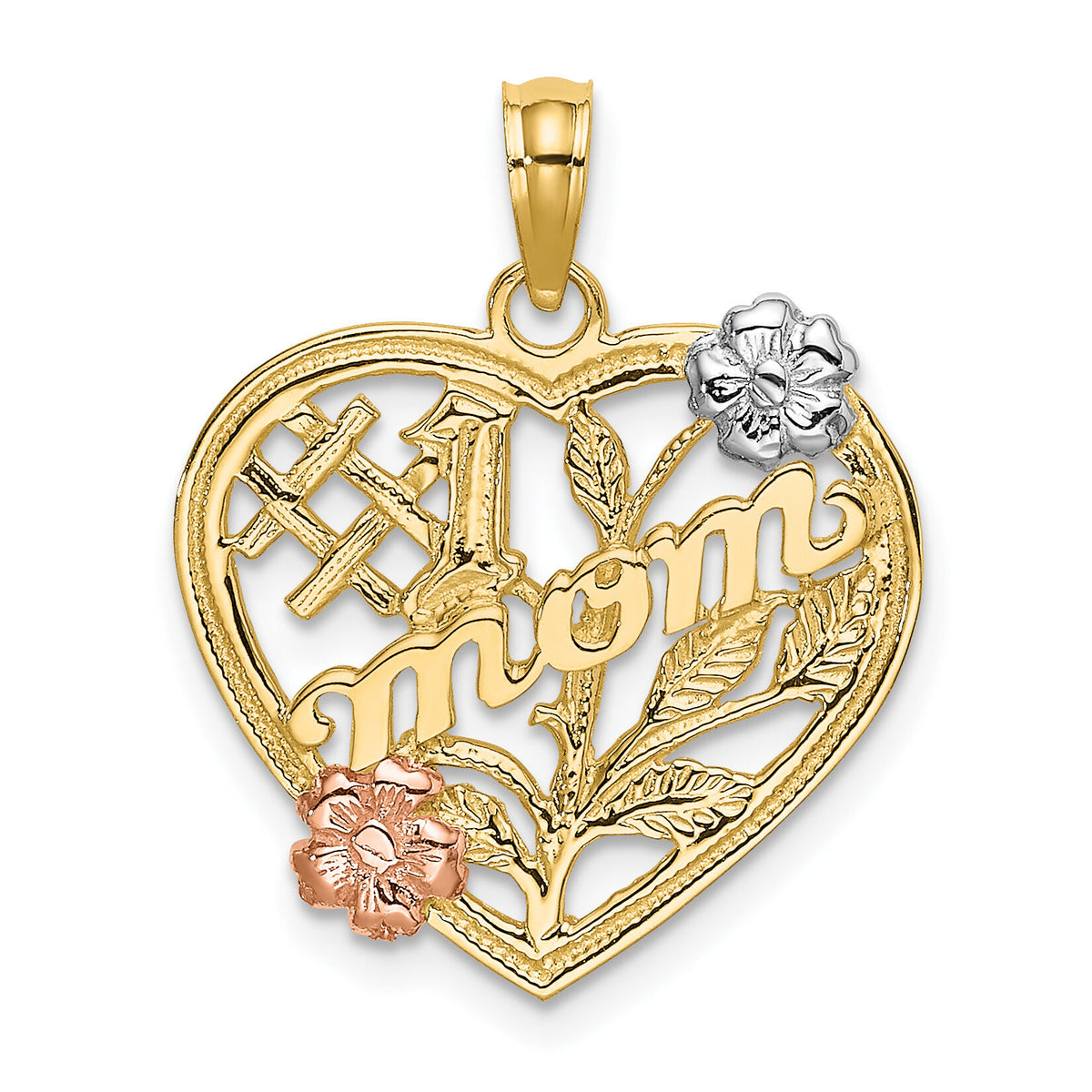 14k Two-tone w/White Rhodium #1 MOM Heart w/Flower Charm-K9141