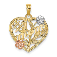 14k Two-tone w/White Rhodium #1 MOM Heart w/Flower Charm-K9141