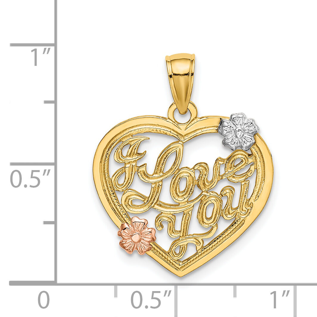 14k Two-tone w/White Rhodium I LOVE YOU Heart w/Flowers Charm-K9145
