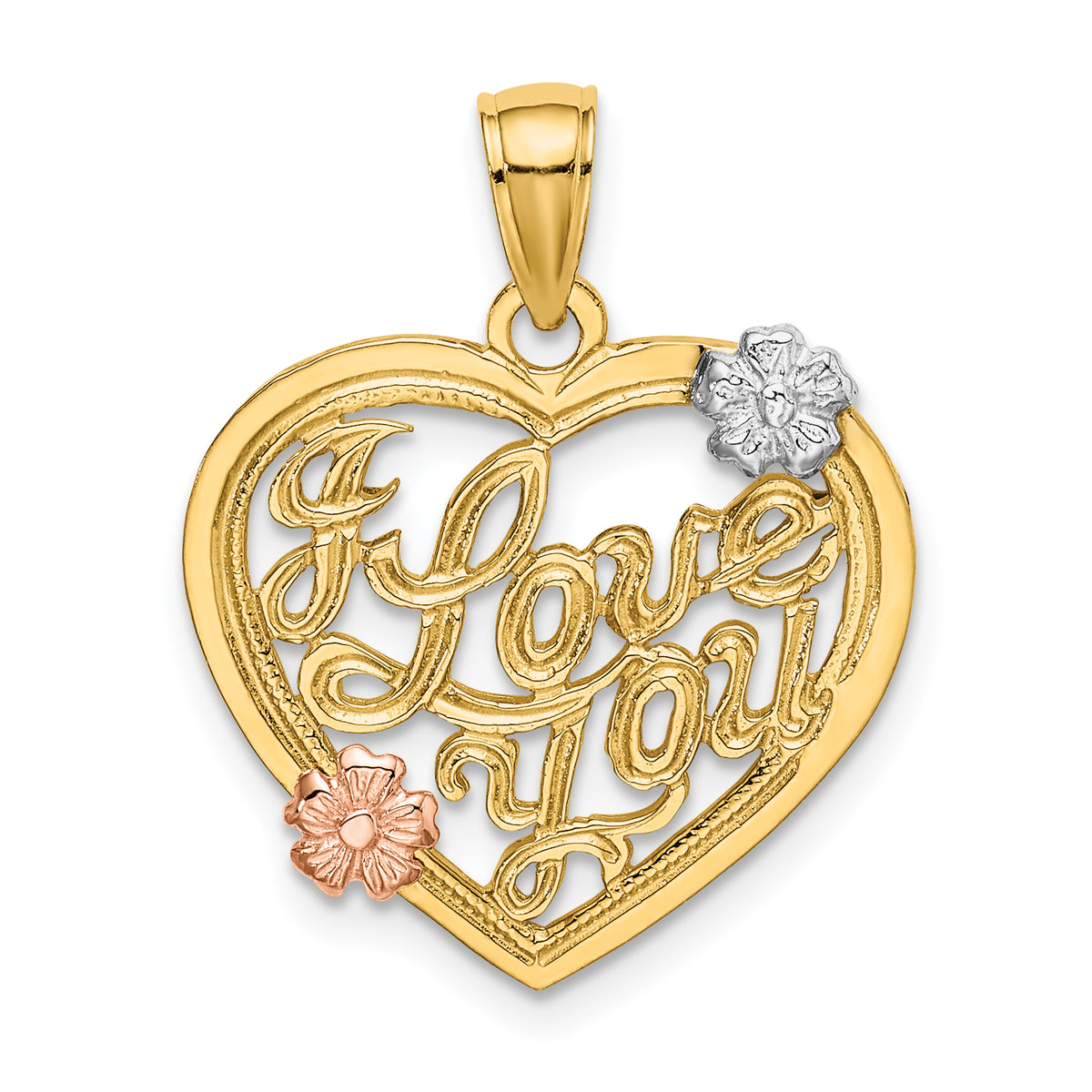 14k Two-tone w/White Rhodium I LOVE YOU Heart w/Flowers Charm-K9145