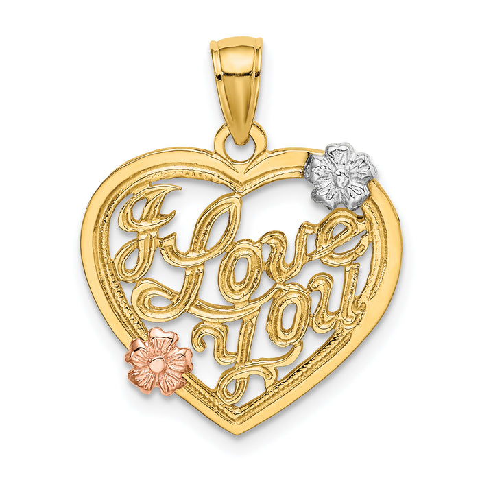 14k Two-tone w/White Rhodium I LOVE YOU Heart w/Flowers Charm-K9145
