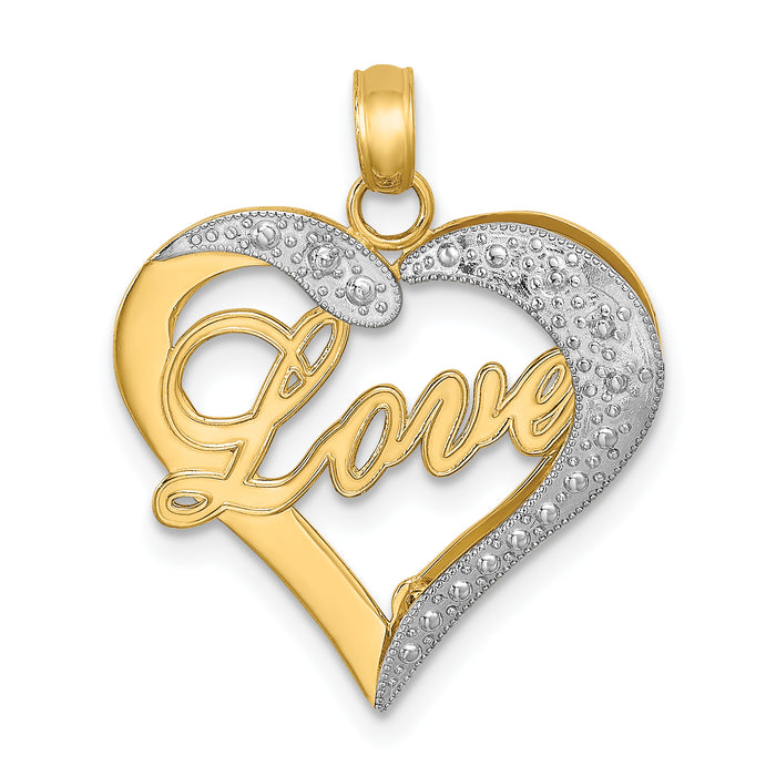 14k with White Rhodium Heart Diamond-cut LOVE Charm-K9155