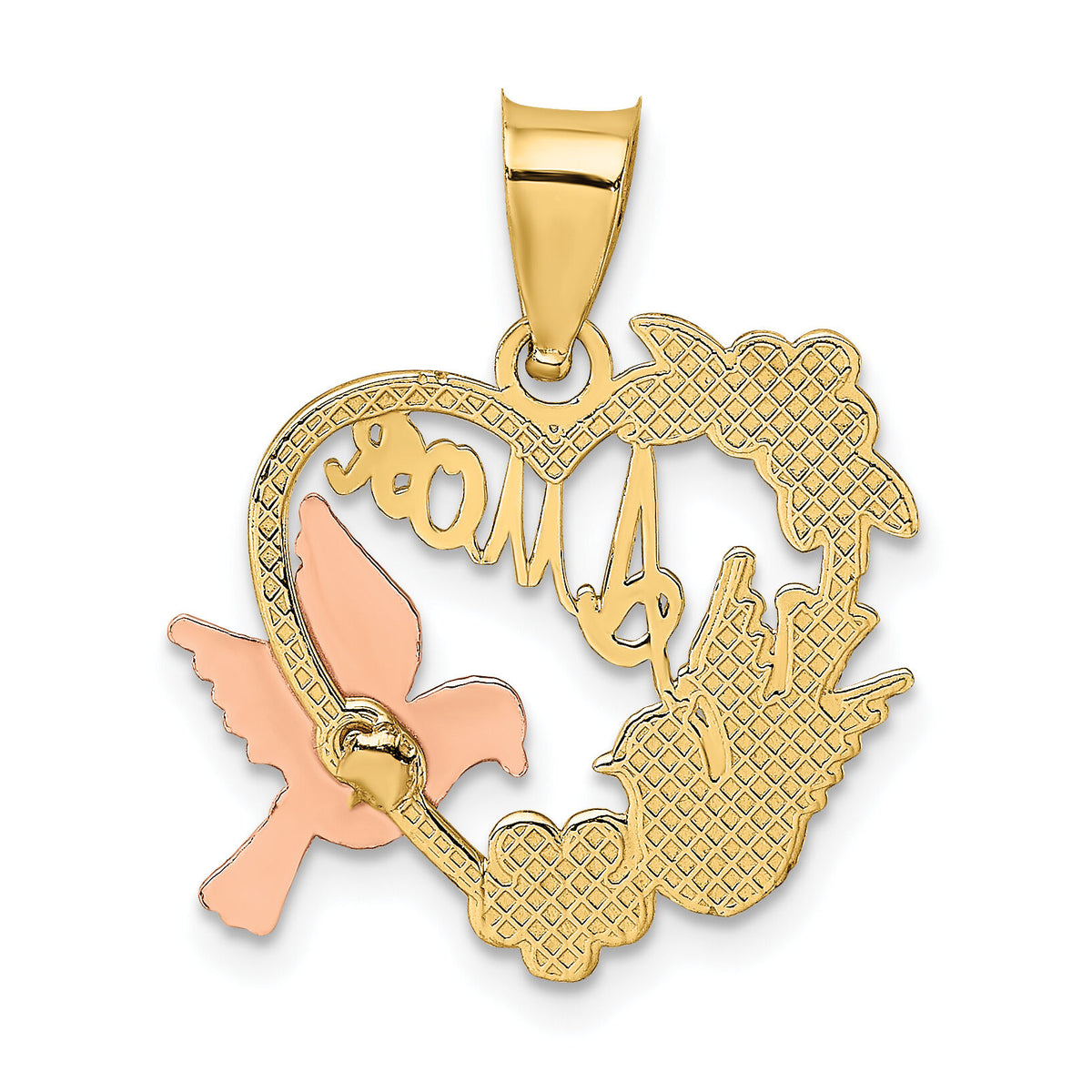 14k Two-tone w/White Rhodium AMOR Heart w/Doves Charm-K9156