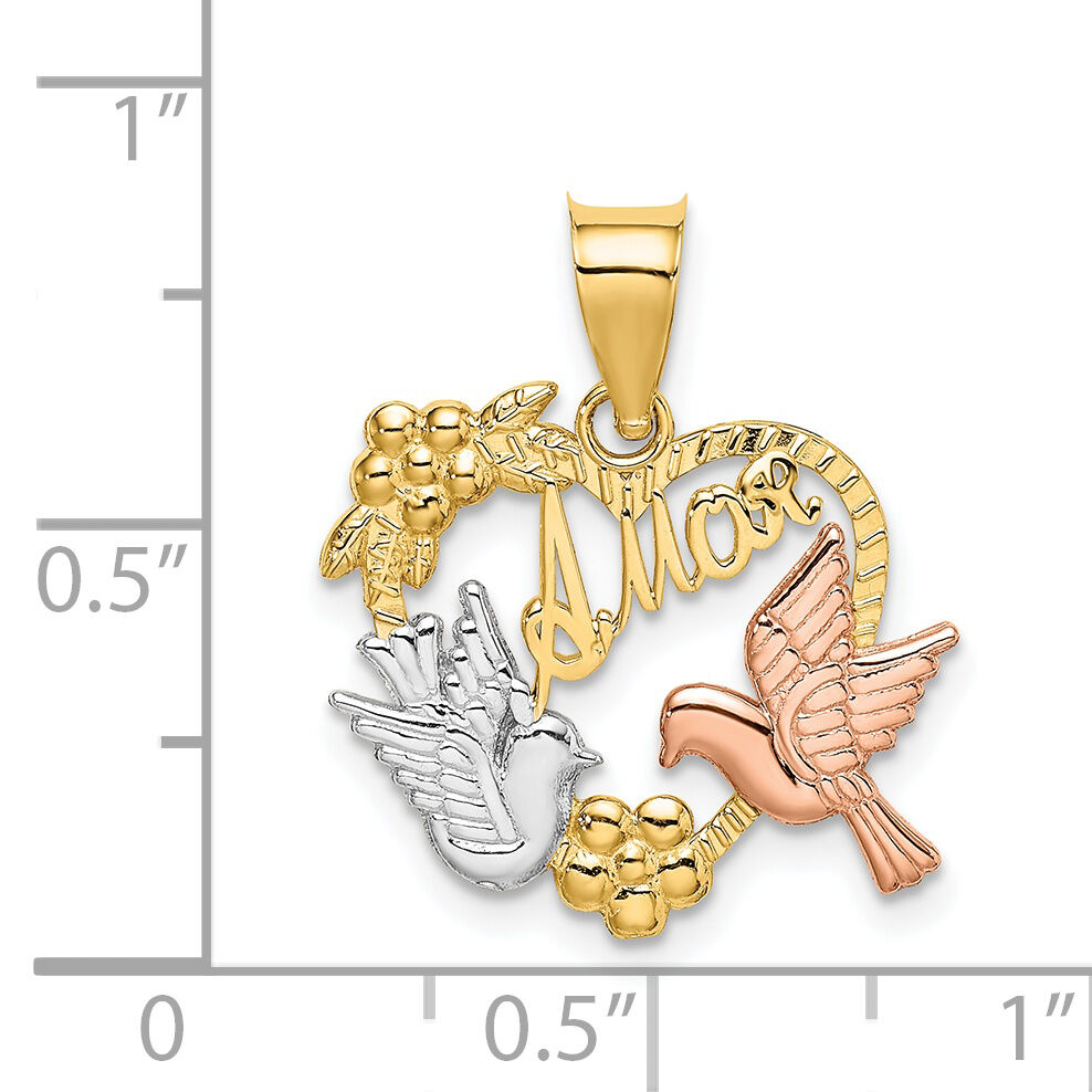 14k Two-tone w/White Rhodium AMOR Heart w/Doves Charm-K9156