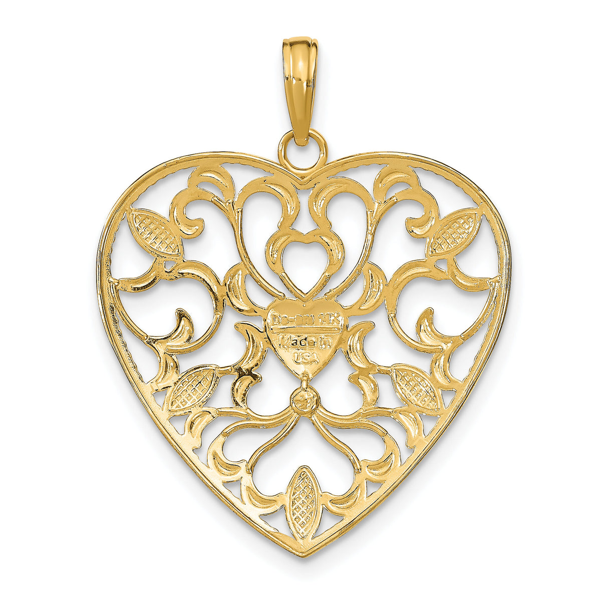 14k w/Rhodium Filigree Leaf Accent Heart Charm-K9158