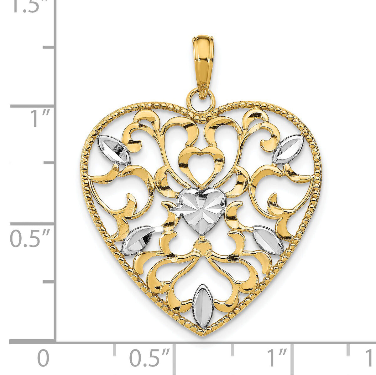 14k w/Rhodium Filigree Leaf Accent Heart Charm-K9158