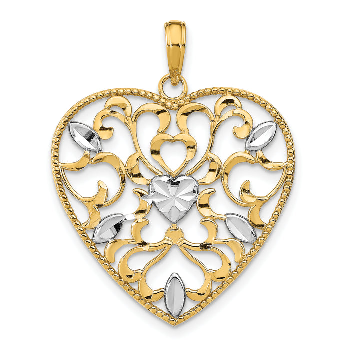 14k w/Rhodium Filigree Leaf Accent Heart Charm-K9158