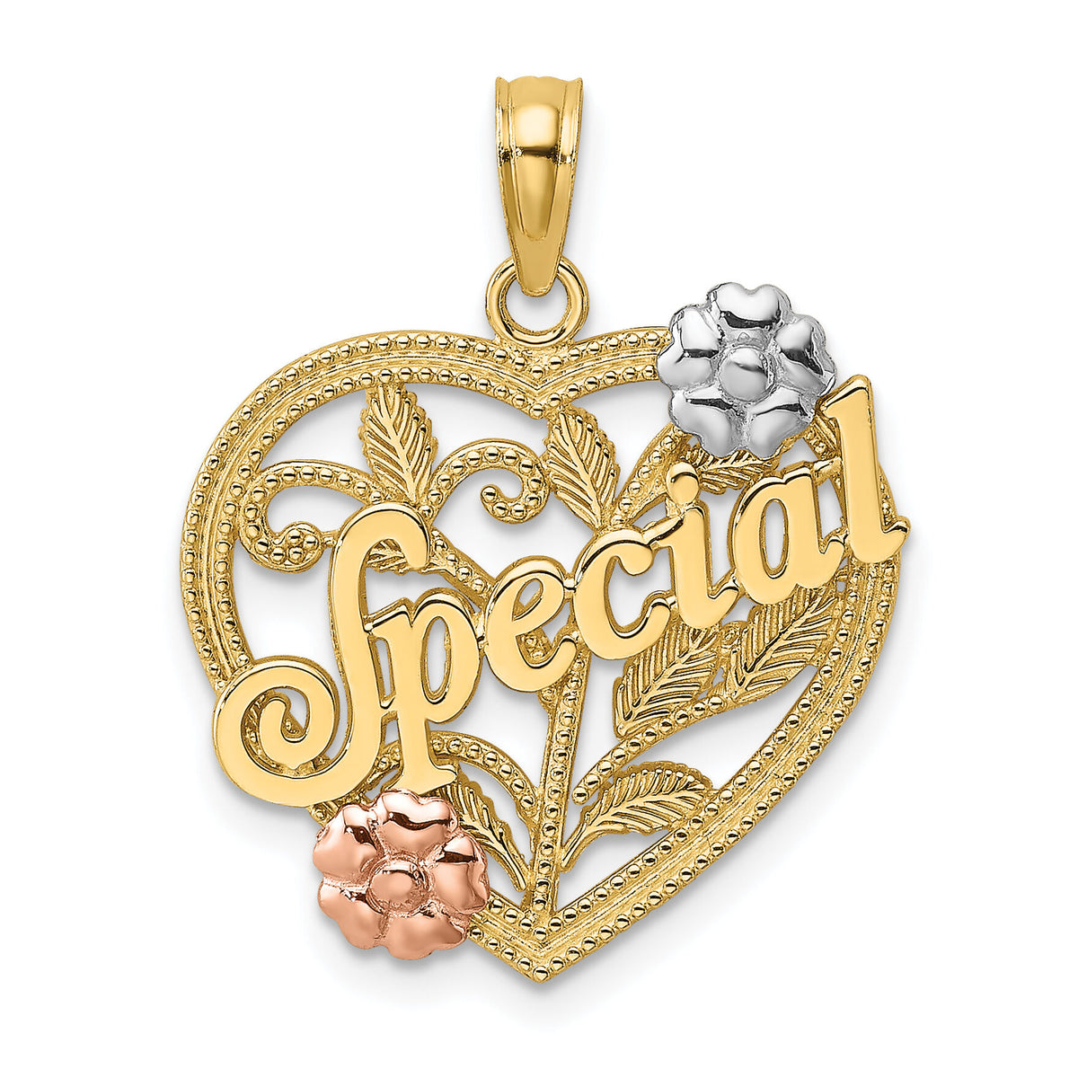 14k Two-tone w/ White Rhodium SPECIAL  On Heart w/ Flower Charm-K9168