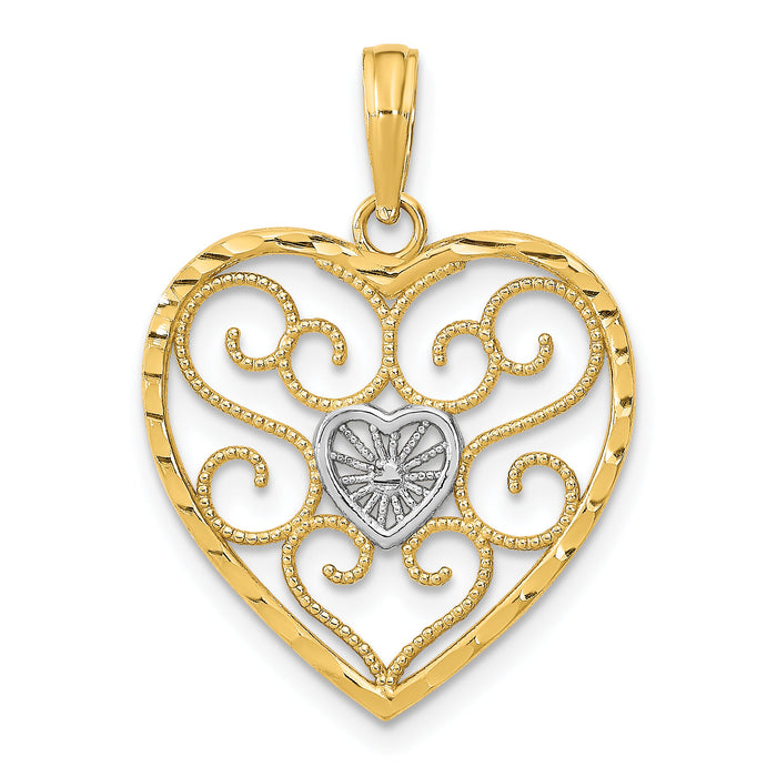 14k w/Rhodium Filigree Beaded Heart Charm-K9169