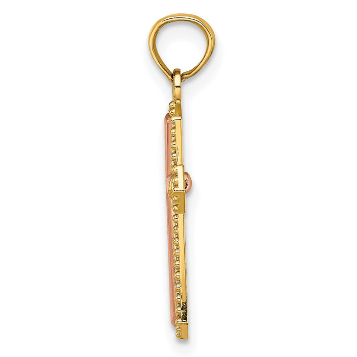 14K Two-tone w/ Beaded Trim Cross Charm-K9173