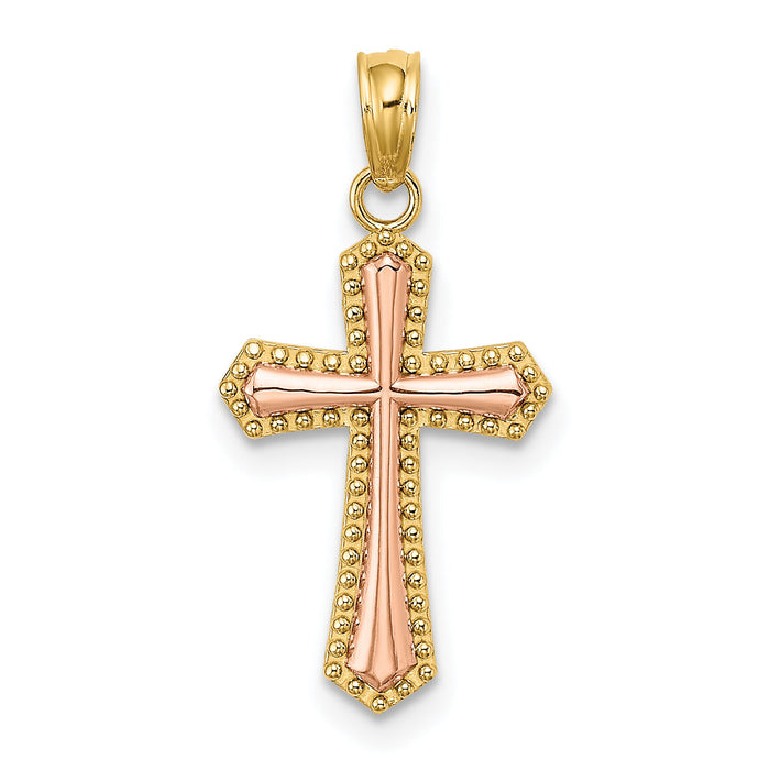 14K Two-tone w/ Beaded Trim Cross Charm-K9173