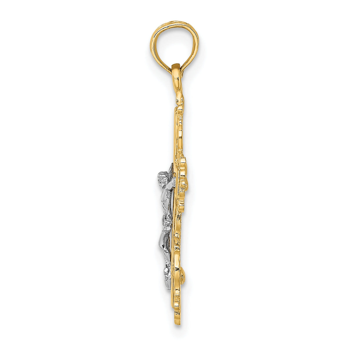 14K W/ Rhodium Textured Lace Trim Crucifix Charm-K9174
