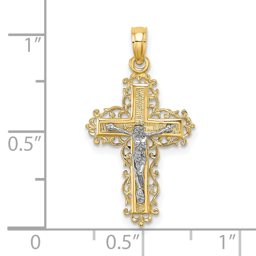14K W/ Rhodium Textured Lace Trim Crucifix Charm-K9174