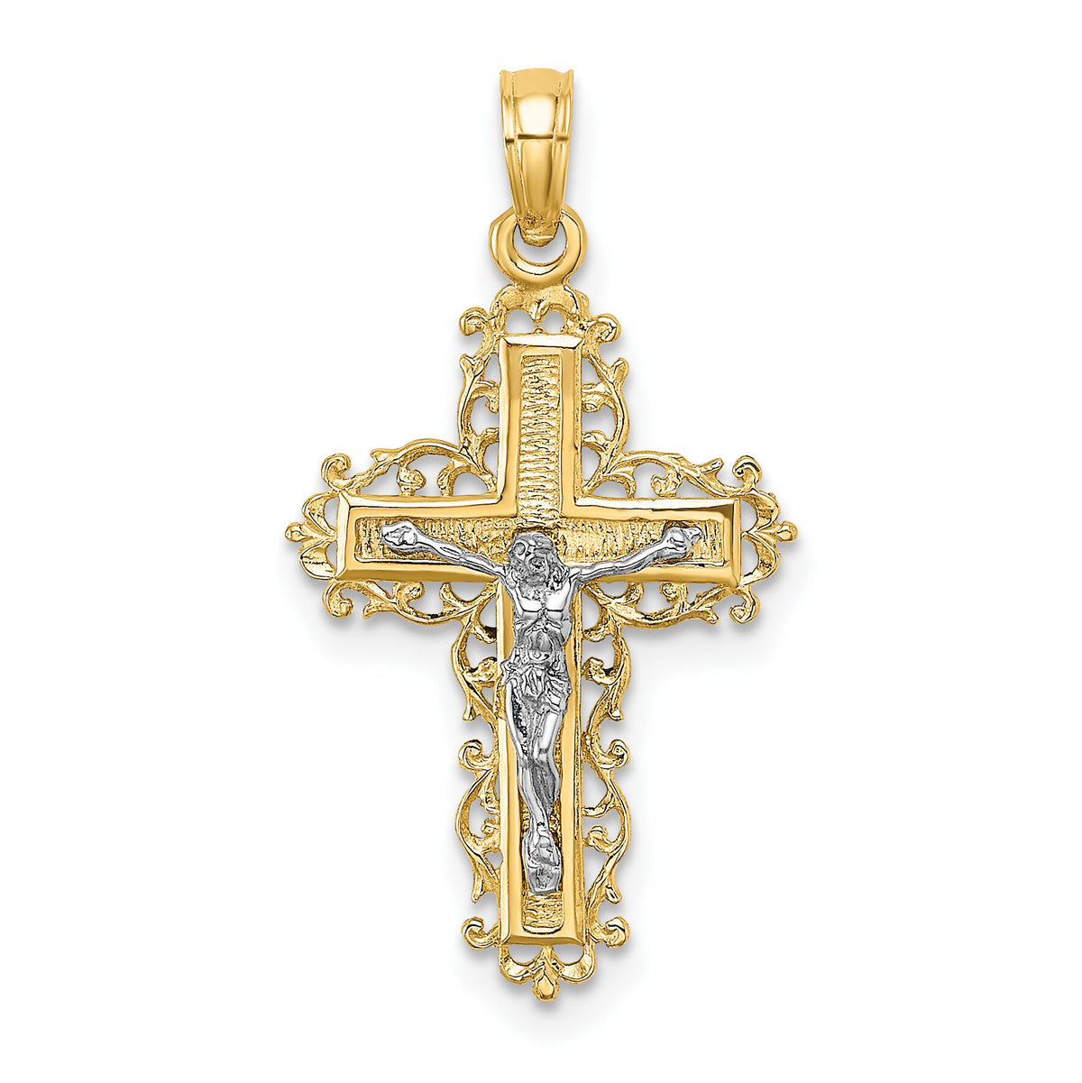 14K W/ Rhodium Textured Lace Trim Crucifix Charm-K9174