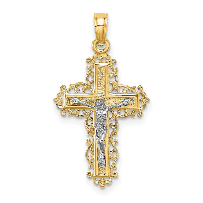14K W/ Rhodium Textured Lace Trim Crucifix Charm-K9174