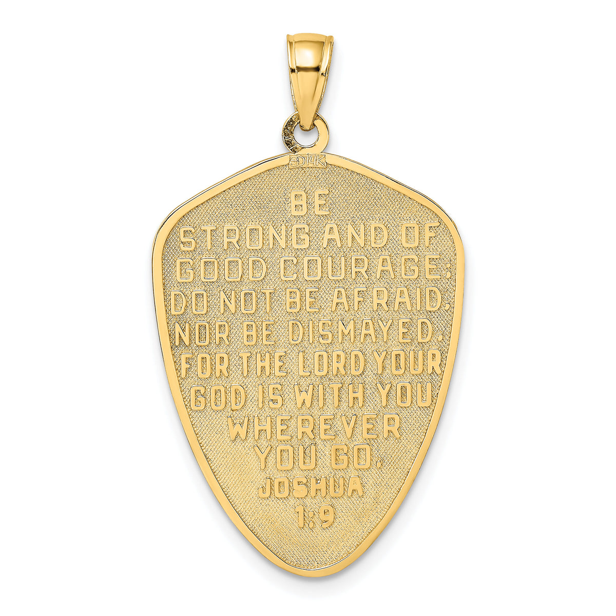 14K w/Rhodium Cross Shield W/ Joshua 1:9 On Reverse Charm-K9179