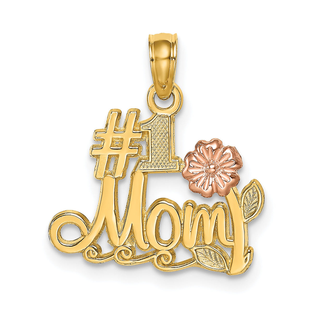 14k Two-Tone #1 MOM Script w/ Flower Charm-K9185