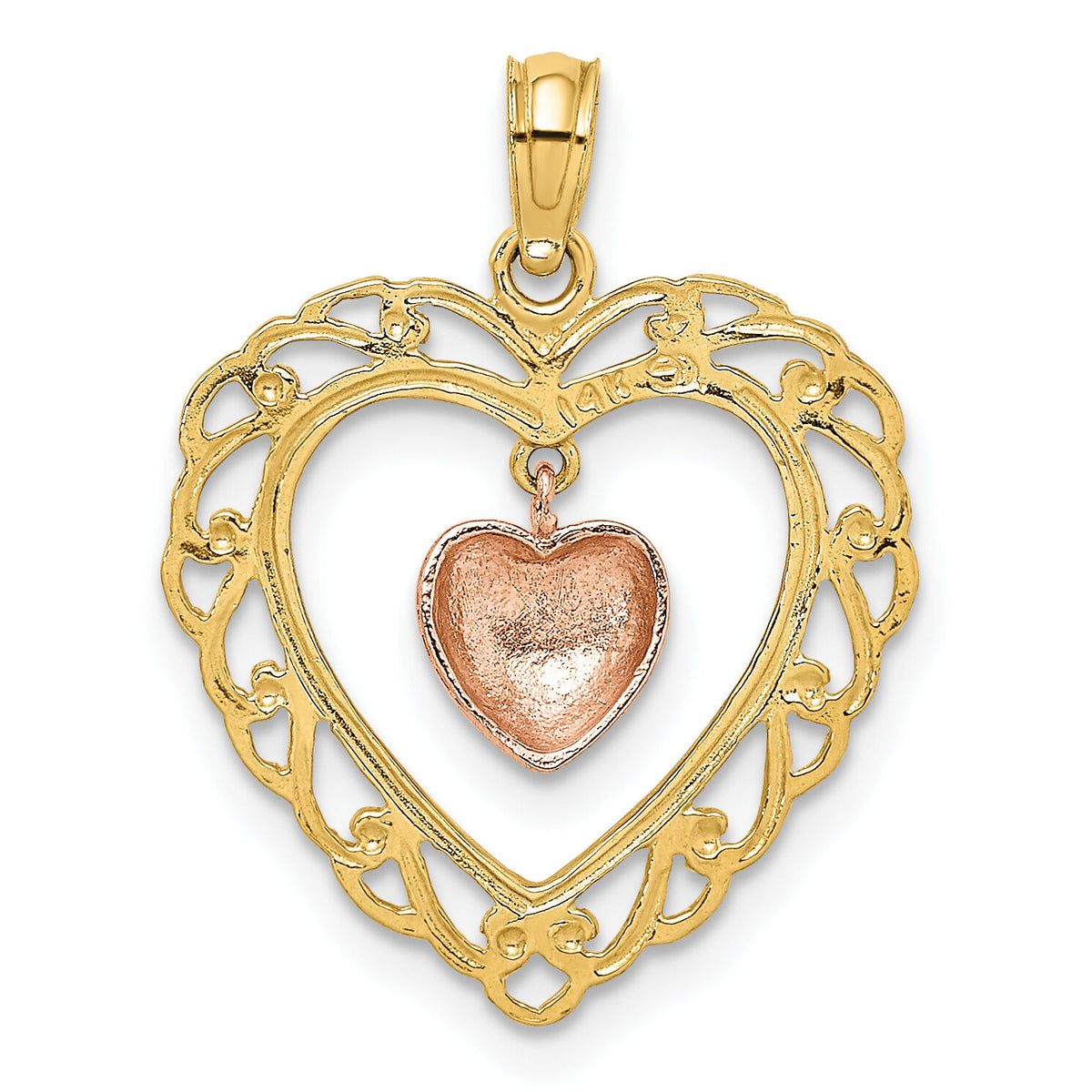 14k Yellow and Rose Gold Polished Dangling Heart In Heart Charm-K9191