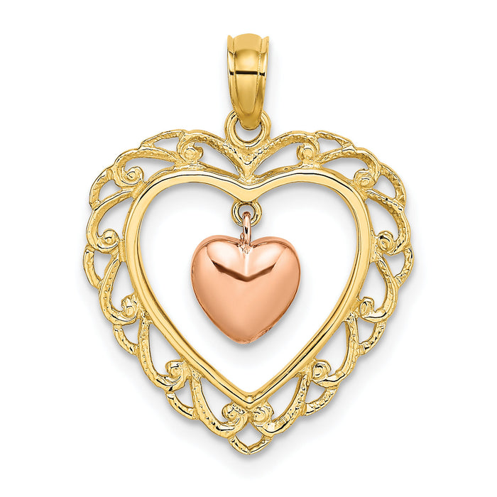 14k Yellow and Rose Gold Polished Dangling Heart In Heart Charm-K9191