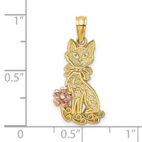 14k Two-Tone Sitting Cat w/ Bow and Flower Charm-K9193
