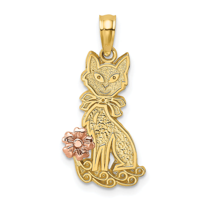 14k Two-Tone Sitting Cat w/ Bow and Flower Charm-K9193