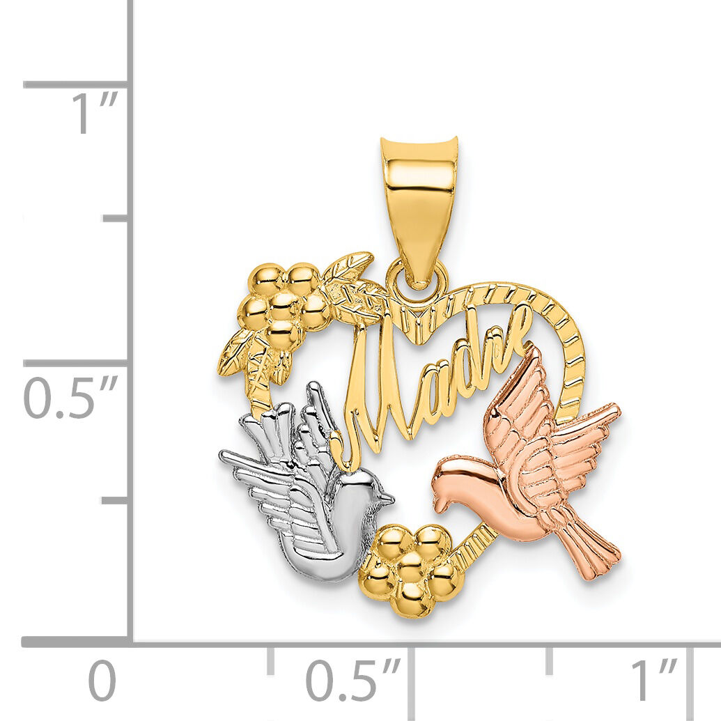 14k Two-tone w/White Rhodium MADRE Heart w/Doves Charm-K9200