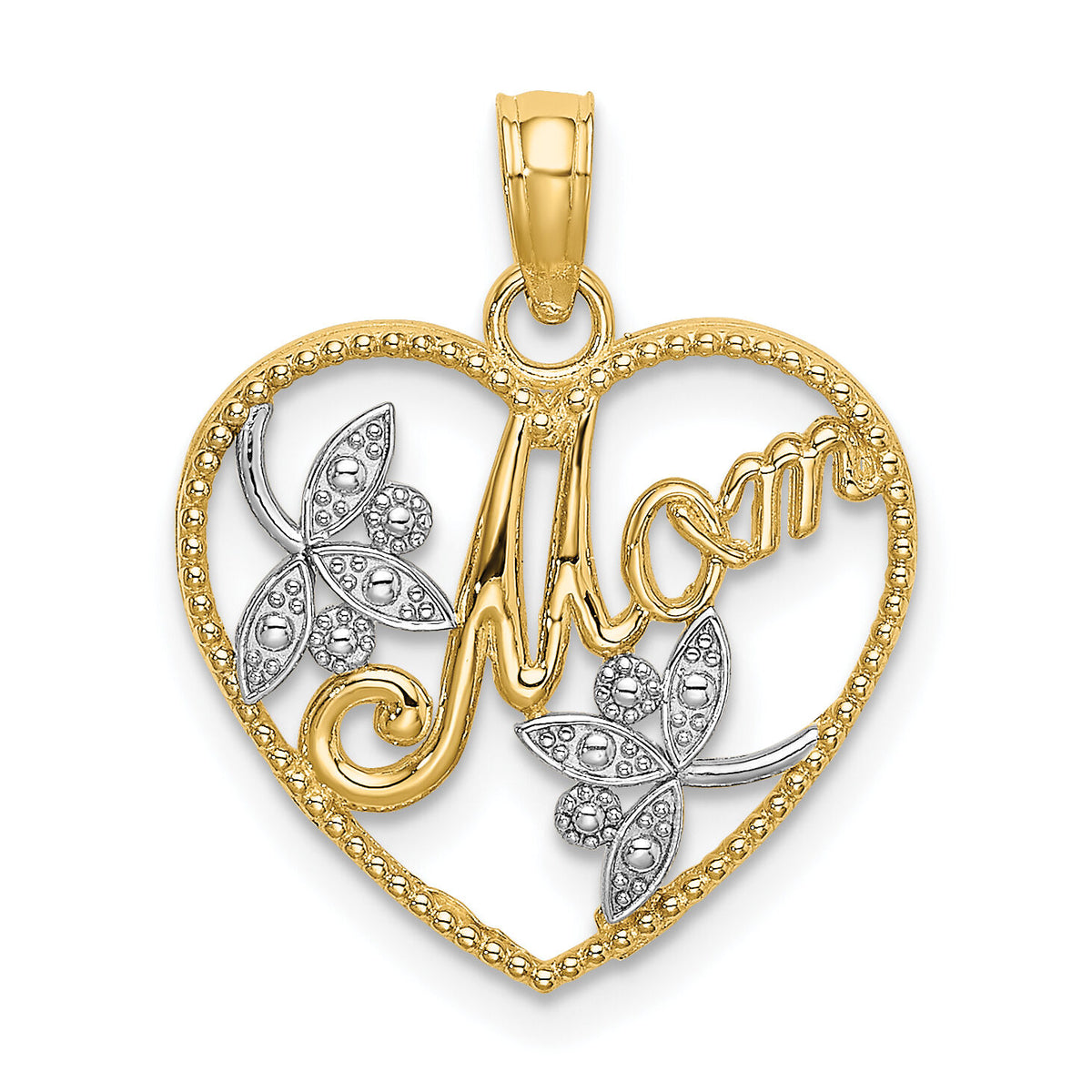 14k w/ Rhodium Textured Heart w/ MOM Charm-K9202
