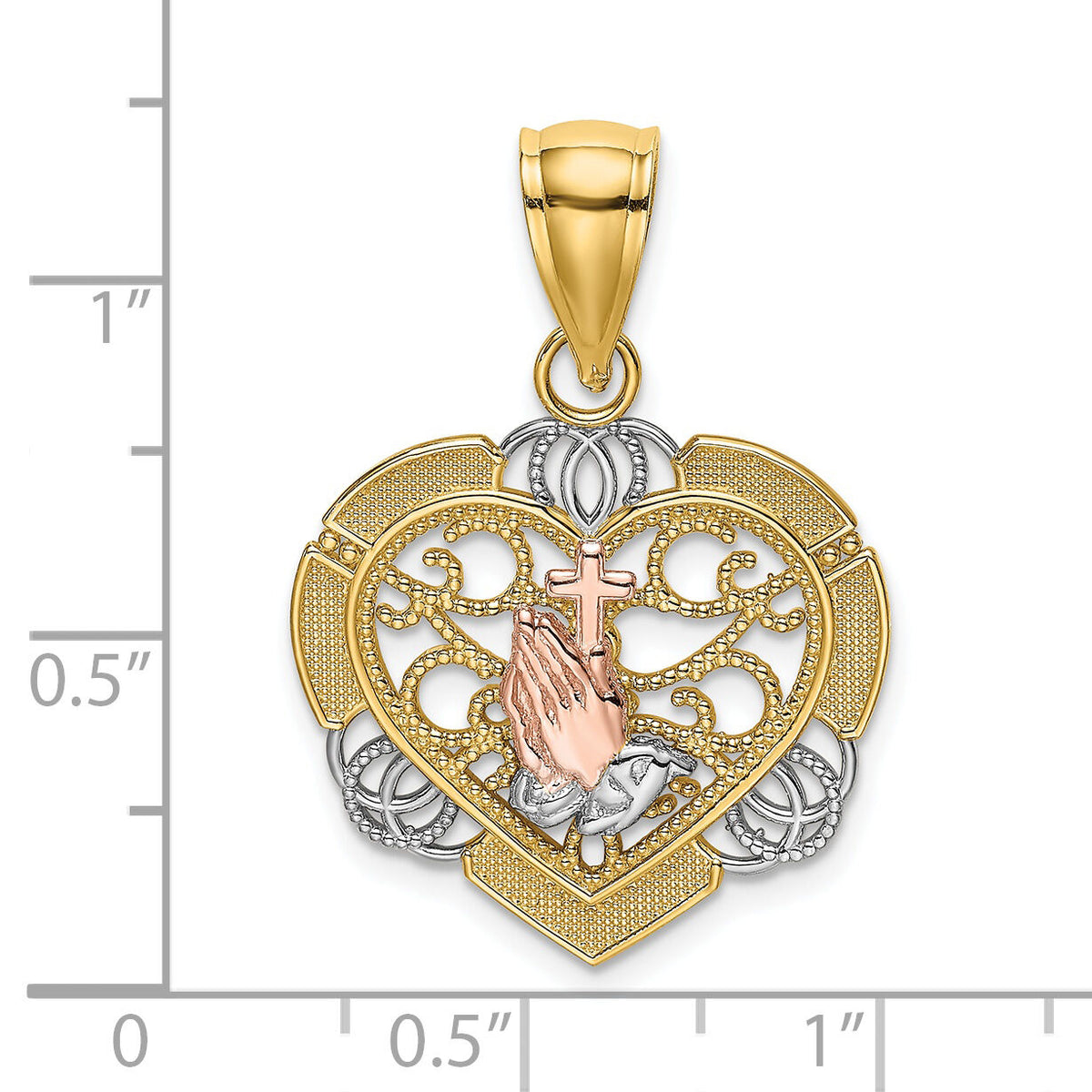 14K Two-tone w/White Rhod Praying Hands and Cross Heart Charm-K9208