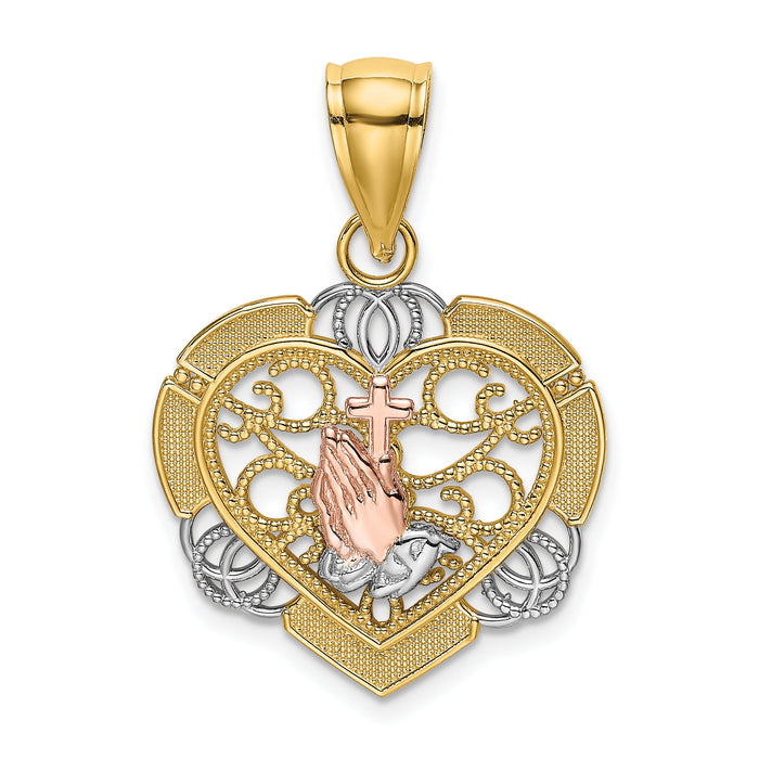 14K Two-tone w/White Rhod Praying Hands and Cross Heart Charm-K9208