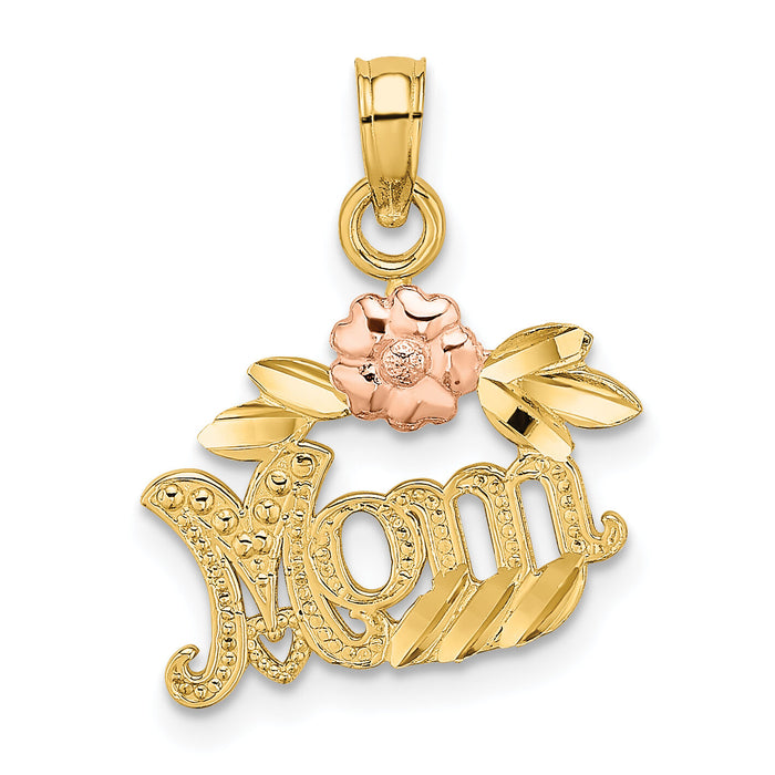 14k Two-Tone Textured Scroll w/ Flower MOM Charm-K9209