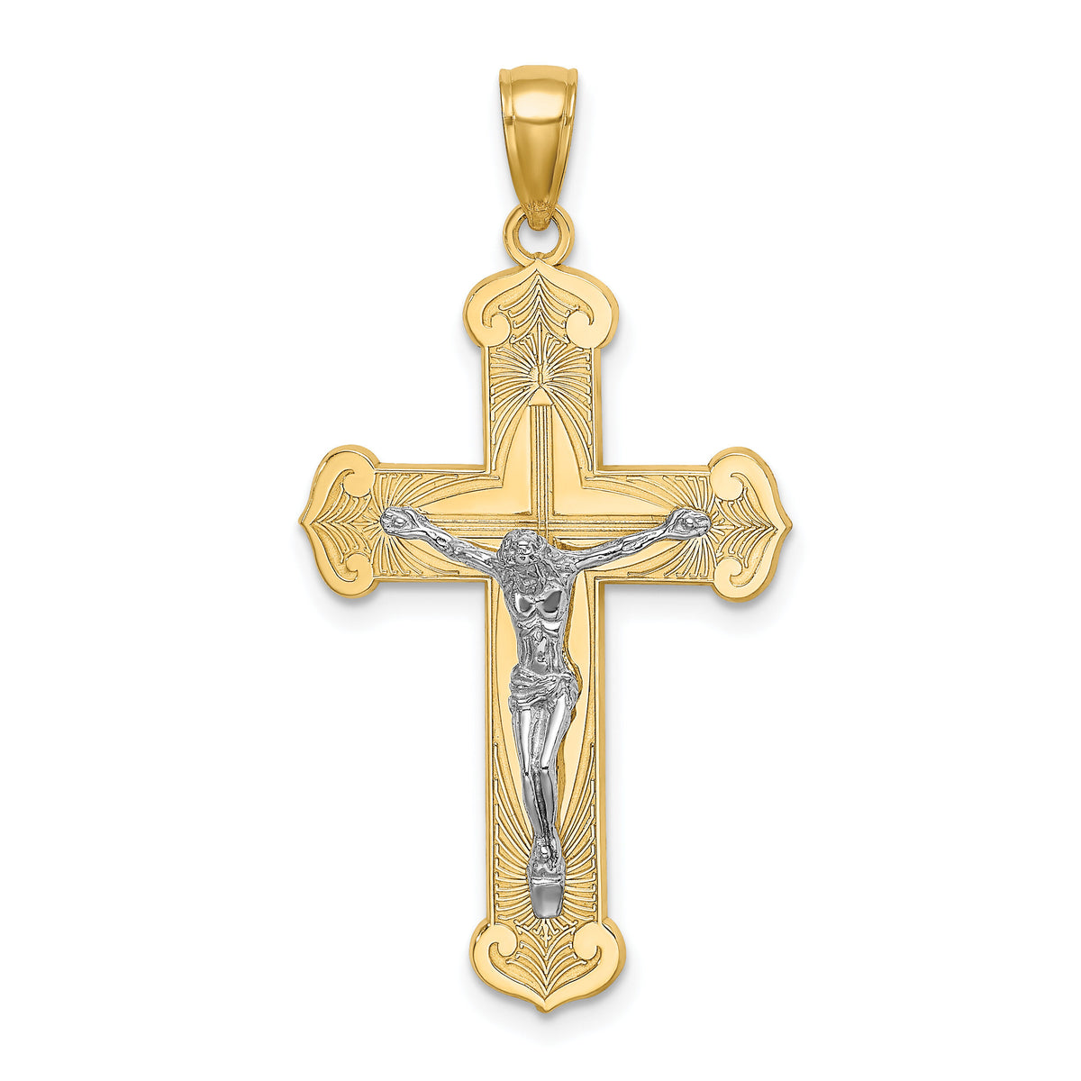 14K Two-tone Engraved Crucifix Charm-K9216