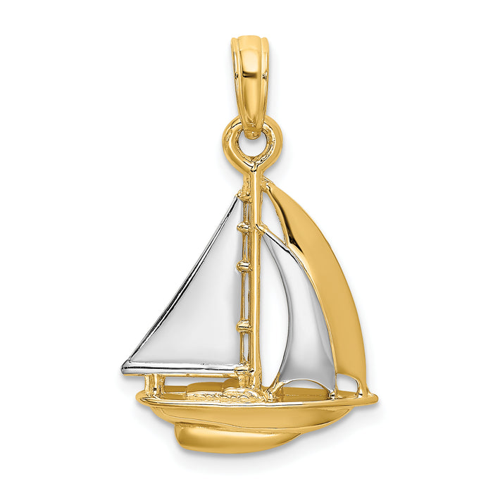 14K w/ Rhodium 3-D Polished Sailboat Charm-K9221
