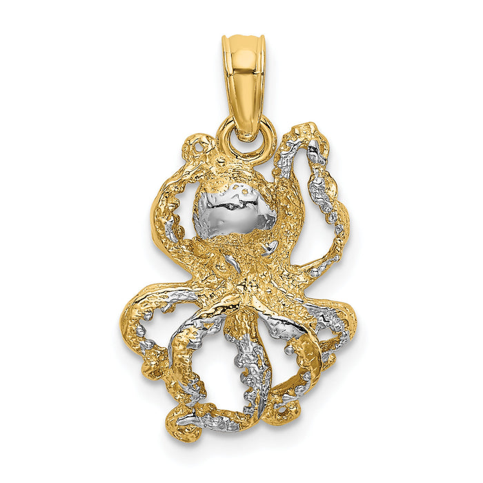 14K with White Rhodium Textured Octopus Charm-K9223