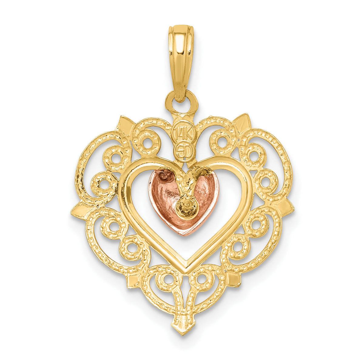 14k Yellow and Rose Gold Heart w/ Lace Trim Charm-K9233
