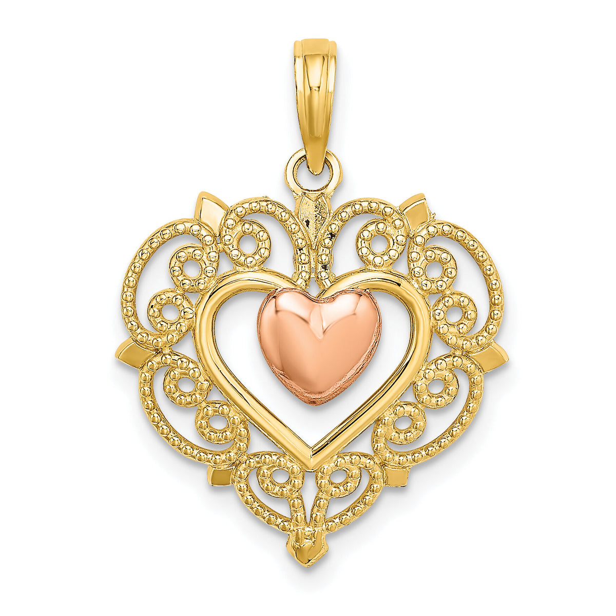 14k Yellow and Rose Gold Heart w/ Lace Trim Charm-K9233