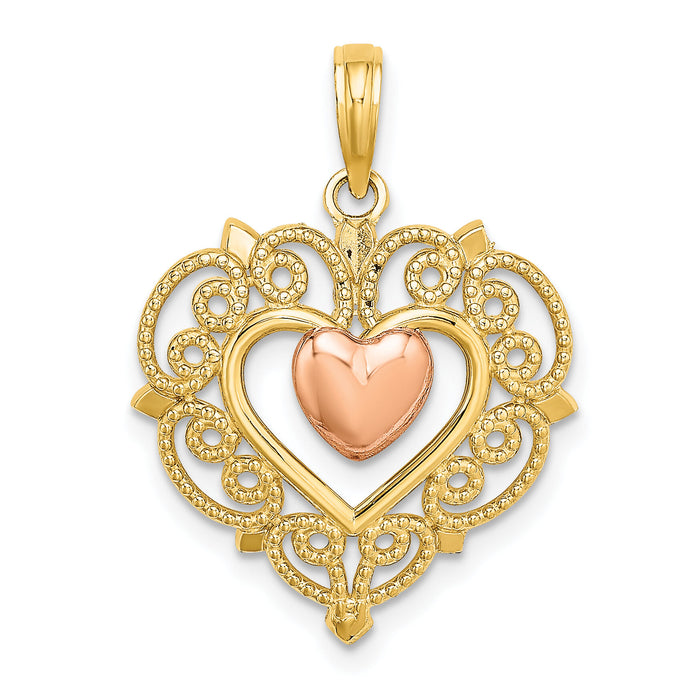 14k Yellow and Rose Gold Heart w/ Lace Trim Charm-K9233