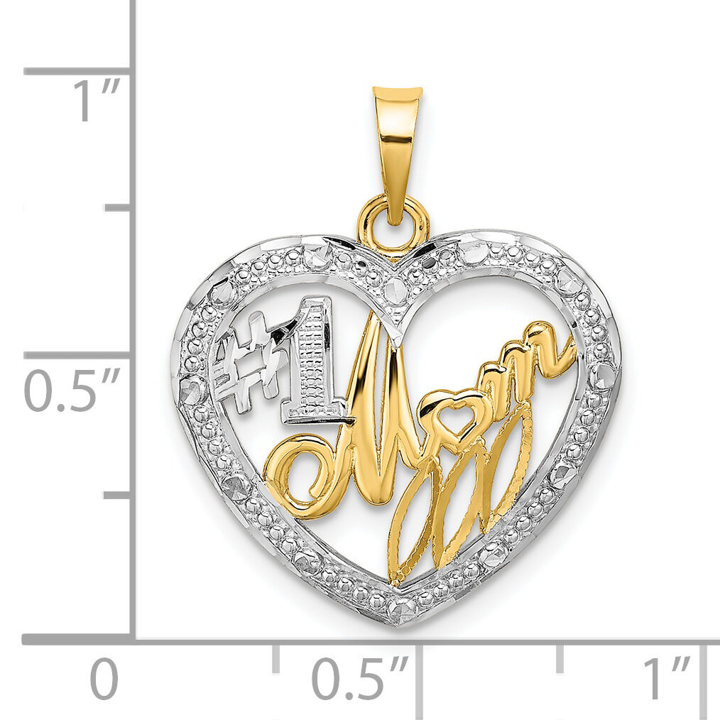 14k w/ Rhodium Textured #1 MOM In Heart Charm-K9234