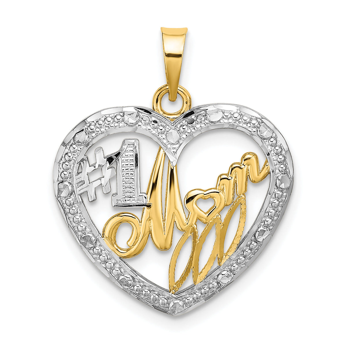 14k w/ Rhodium Textured #1 MOM In Heart Charm-K9234