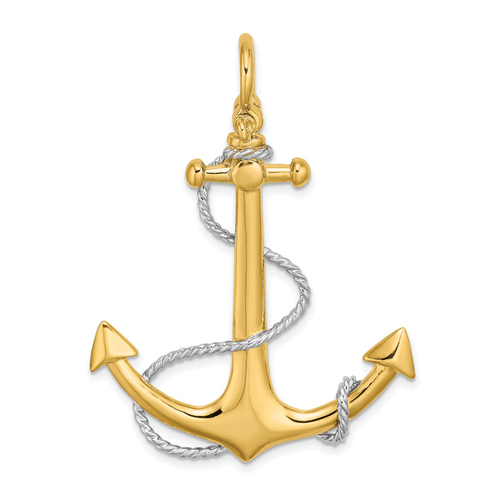 14K w/Rhodium 3-D Large Anchor w/Rope and Shackle Bail Charm-K9251