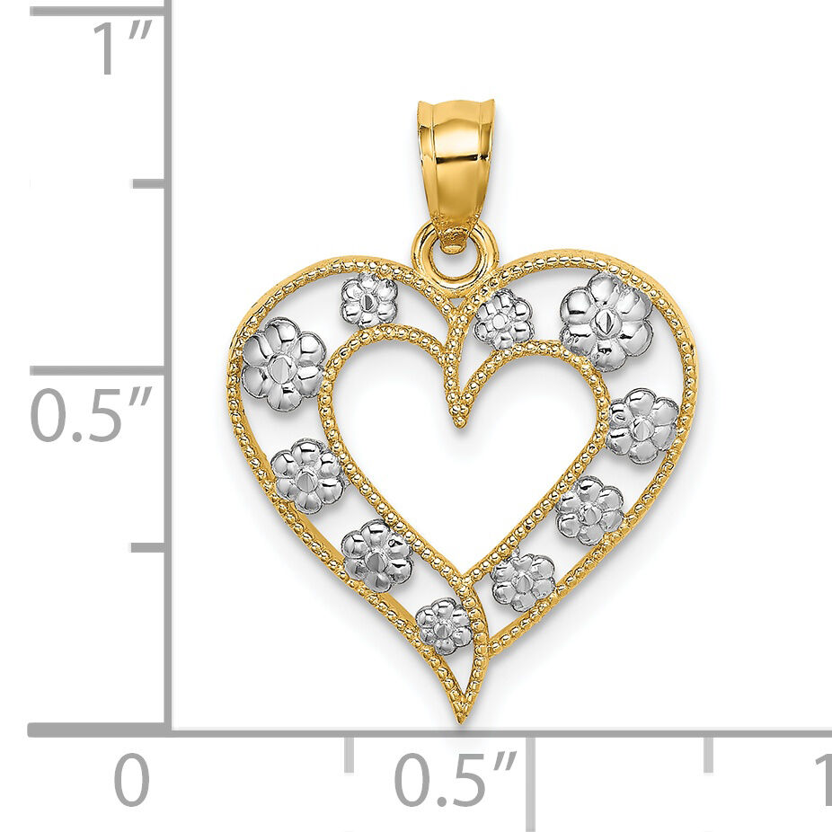 14k Two-Tone Textured Cut-Out Heart w/ Flowers Charm-K9252