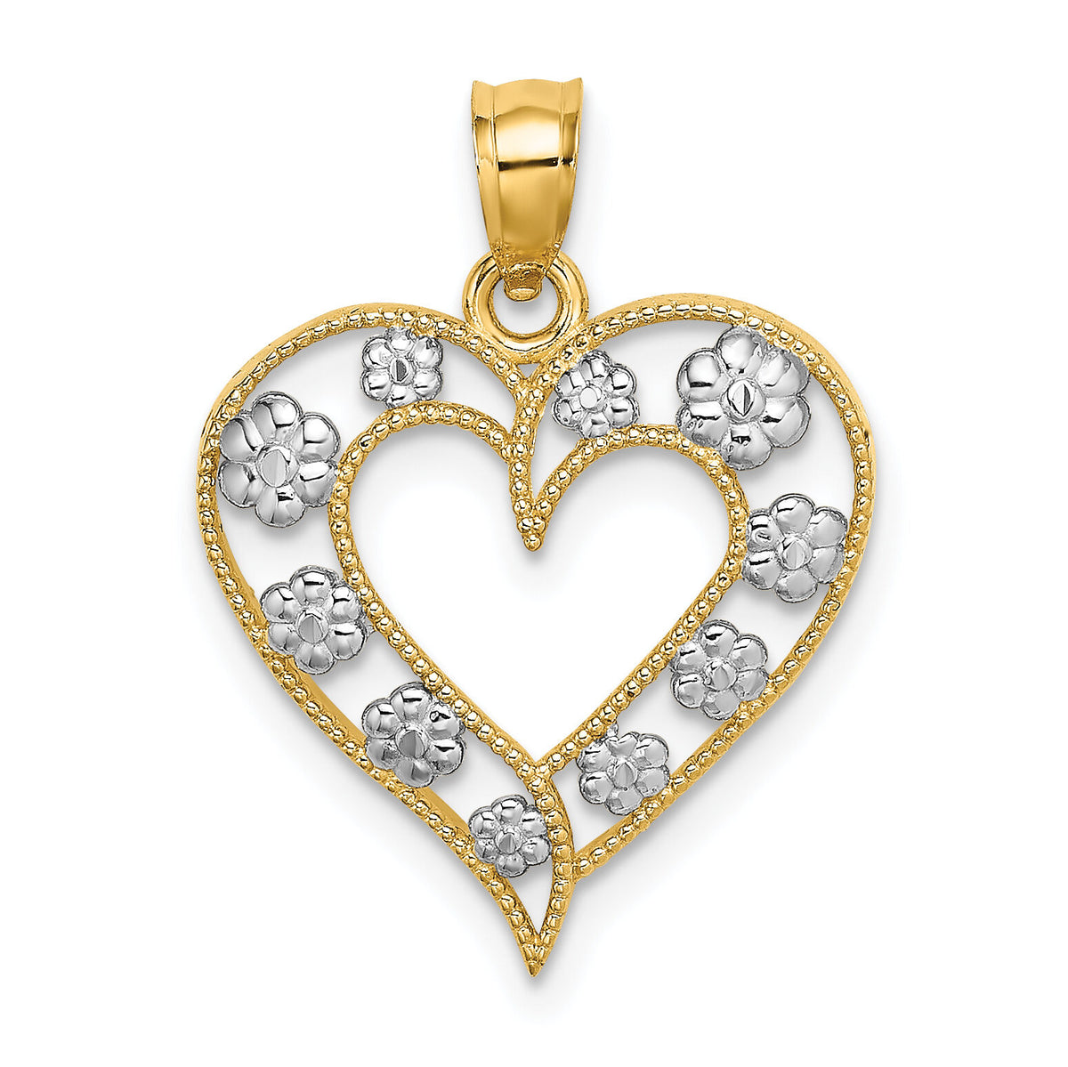 14k Two-Tone Textured Cut-Out Heart w/ Flowers Charm-K9252
