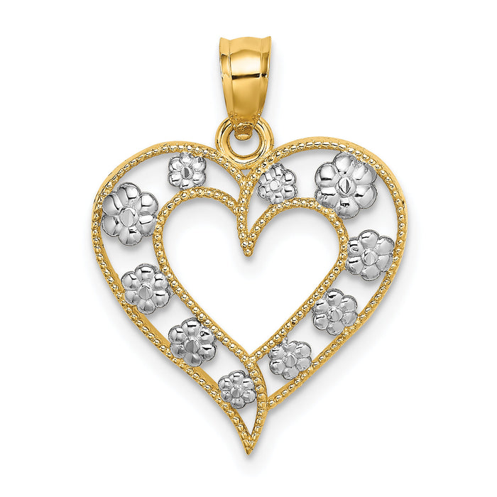 14k Two-Tone Textured Cut-Out Heart w/ Flowers Charm-K9252