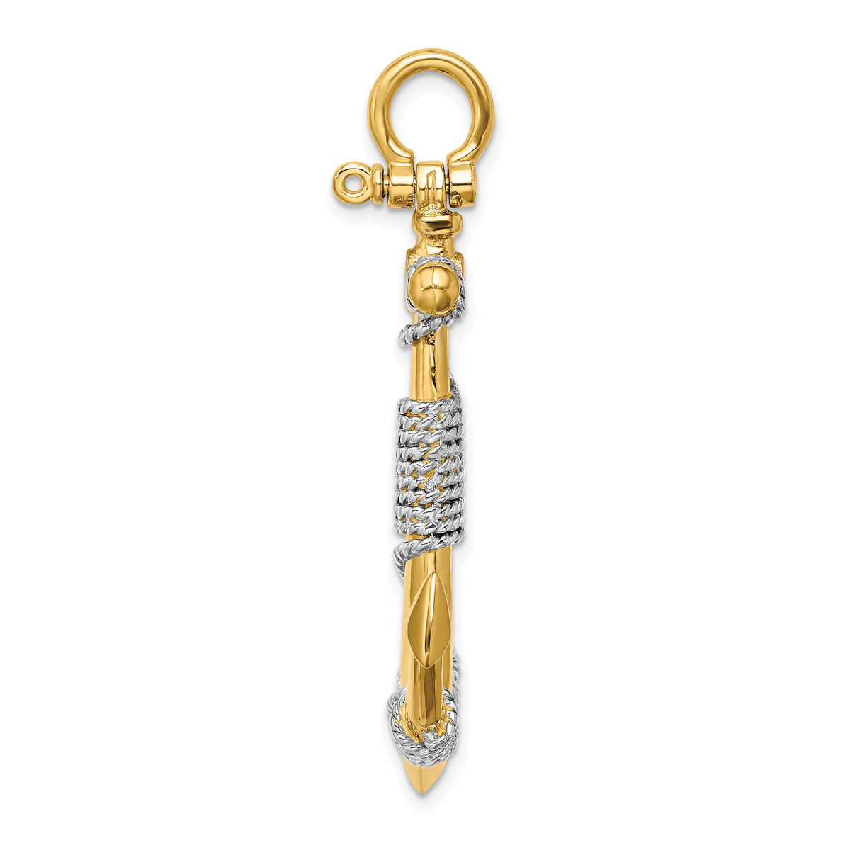 14K 3-D Large Anchor Wrapped Rope Charm Yellow Gold with Rhodium Plating-K9254