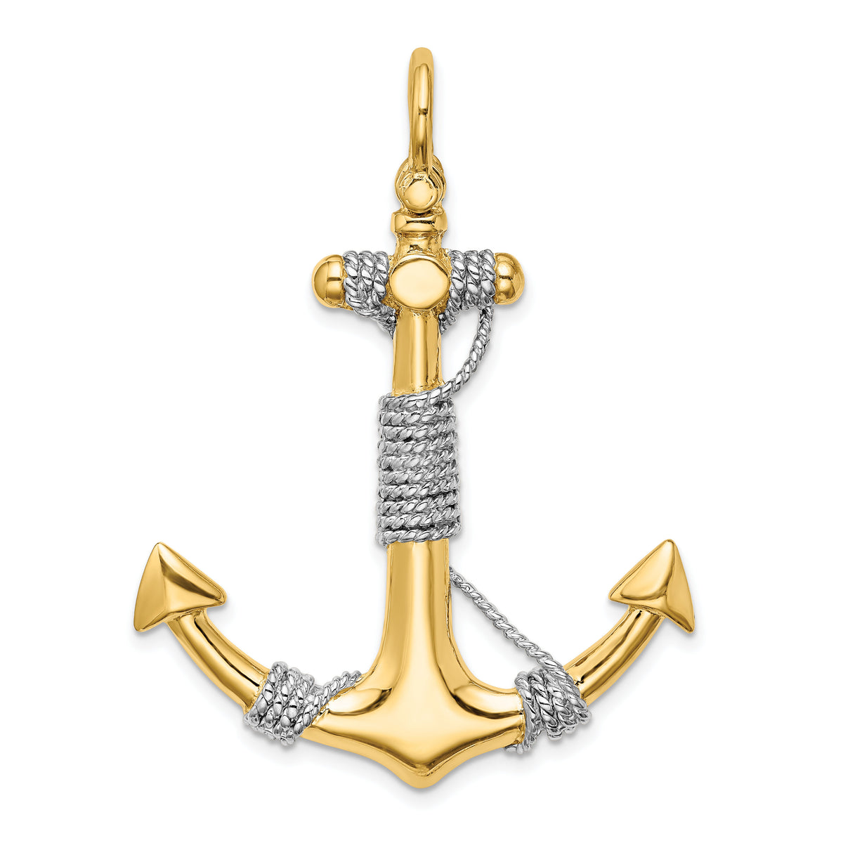14K 3-D Large Anchor Wrapped Rope Charm Yellow Gold with Rhodium Plating-K9254