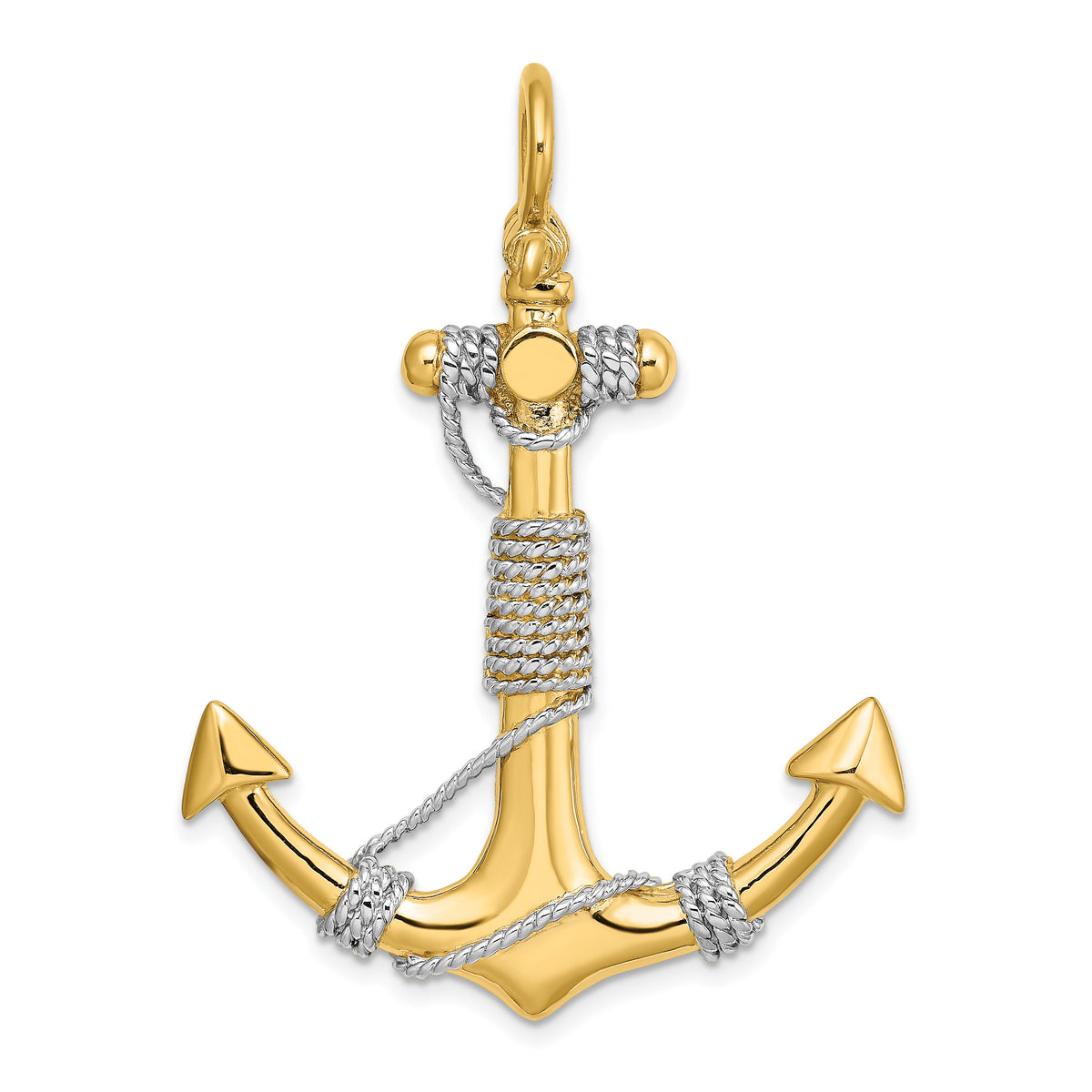 14K 3-D Large Anchor Wrapped Rope Charm Yellow Gold with Rhodium Plating-K9254