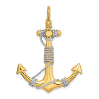 14K 3-D Large Anchor Wrapped Rope Charm Yellow Gold with Rhodium Plating-K9254