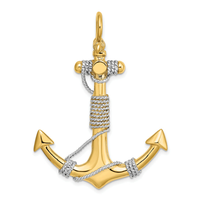 14K 3-D Large Anchor Wrapped Rope Charm Yellow Gold with Rhodium Plating-K9254