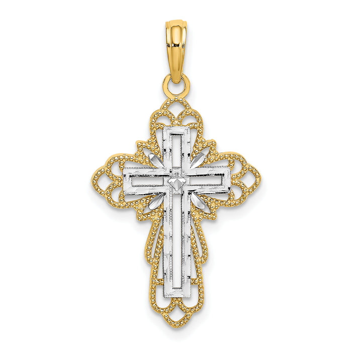 14K W/ Rhodium Lace Trim Cross Charm-K9259
