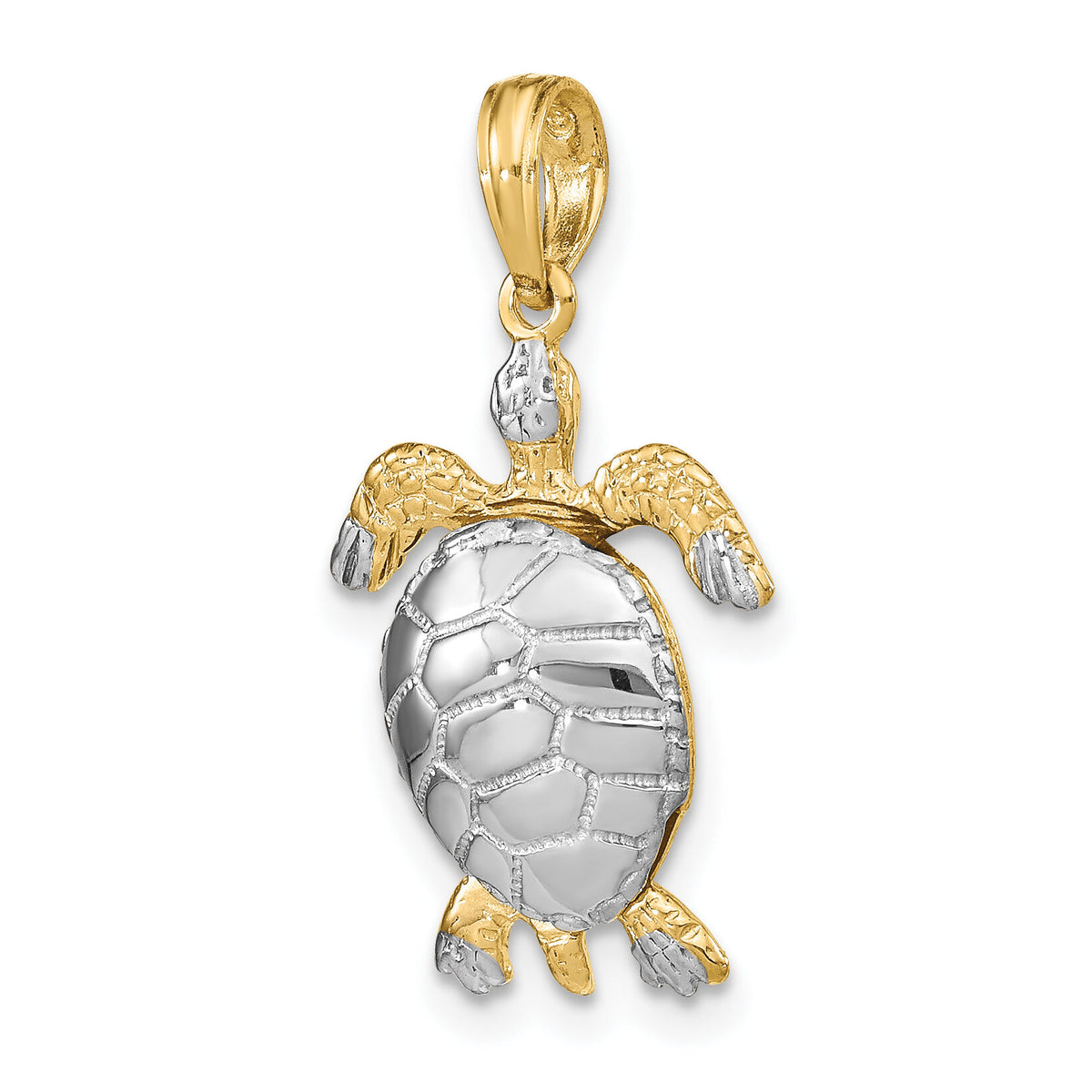 14K with White Rhodium Polished 3-D Moveable Sea Turtle Charm-K9266
